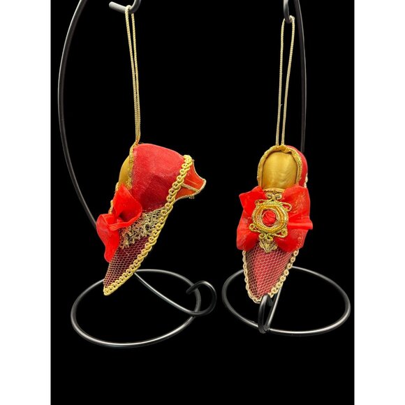 Vintage Set of 2 Red Fabric Gold Trim Bow Decorative Shoe Christmas Ornaments - Picture 1 of 7